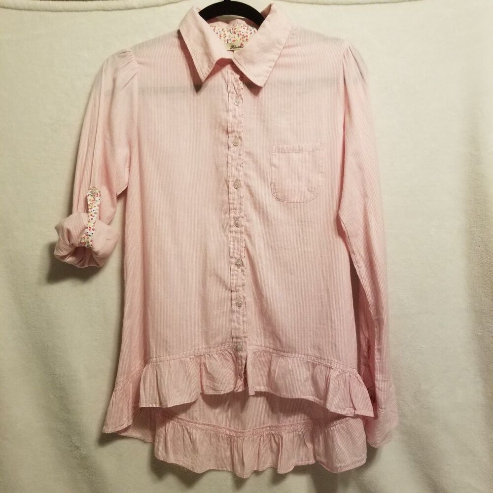 Flutterbye M Top Shirt Button Up Pink Striped 100% Cotton Roll Tab Sleeve Preppy